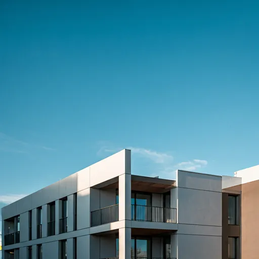 A modern architectural building with clean lines against a clear sky