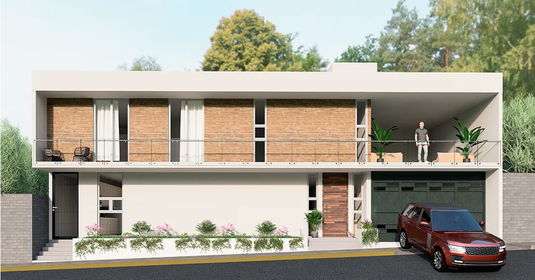 Stunning architectural rendering of a modern home exterior with a pool